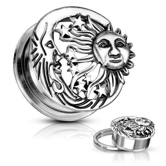 PAIR Moon, Star & Sun Celestial Steel Screw Fit Tunnels Plugs