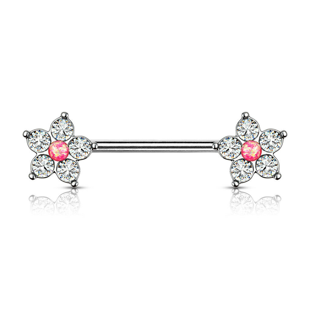 PAIR CZ Gem Flower w/ Opal Glitter Center Nipple Rings Shields Steel Barbells