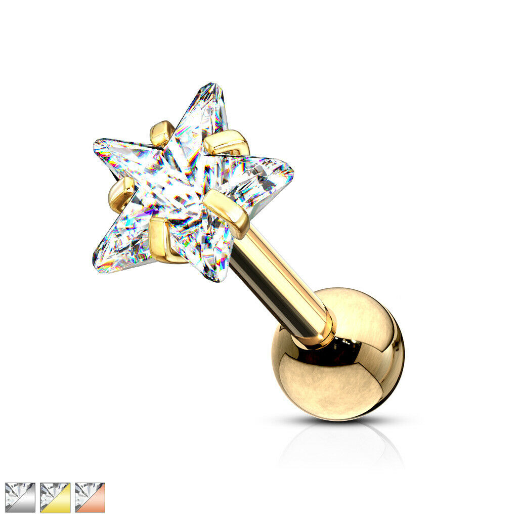 1pc Star CZ Gem Ion Plated Tragus Stud Helix Cartilage Ring Earring 1/4" 16g