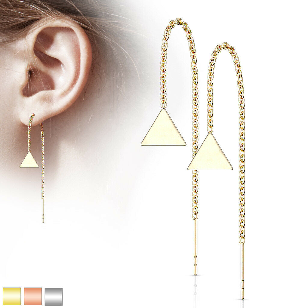 PAIR of Free Falling Chain Earrings w/ Bar & Solid Triangle 20g Stainless Steel