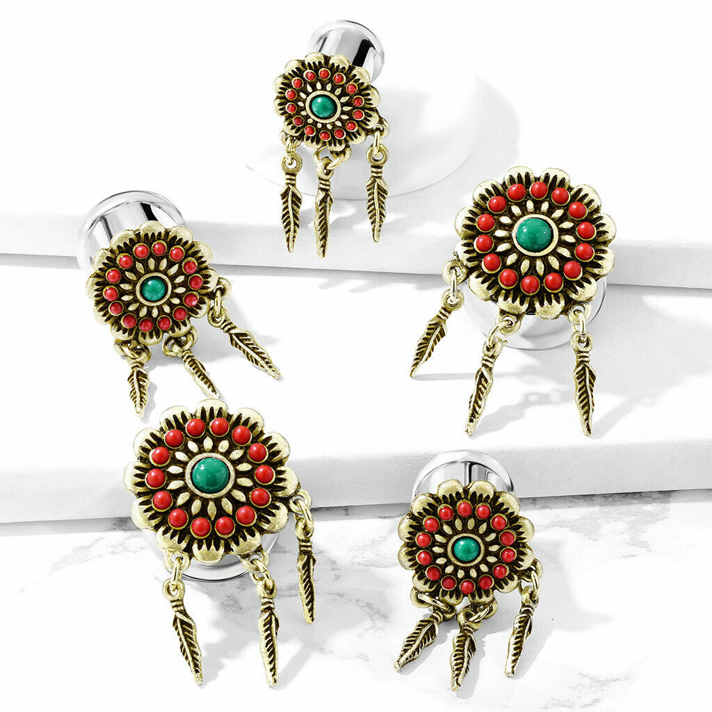 PAIR Red & Turquoise Flower w/ Feather Dangles Double Flare Tunnel Plugs Gauges
