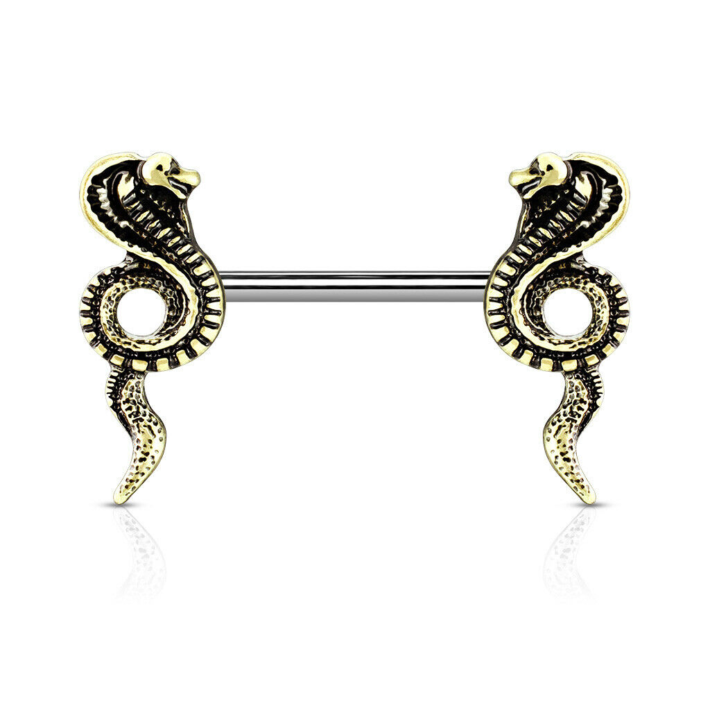 PAIR Antique Gold or Silver Cobra Snake Nipple Rings Shields Steel Barbells
