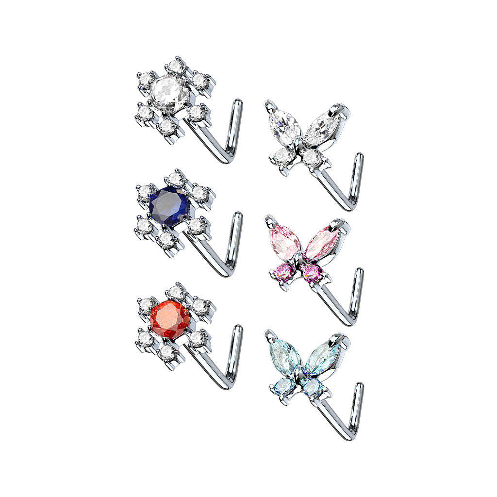 6pc Box Value Pack CZ Gem Butterfly & Flower 20g Steel L-Bend Nose Rings