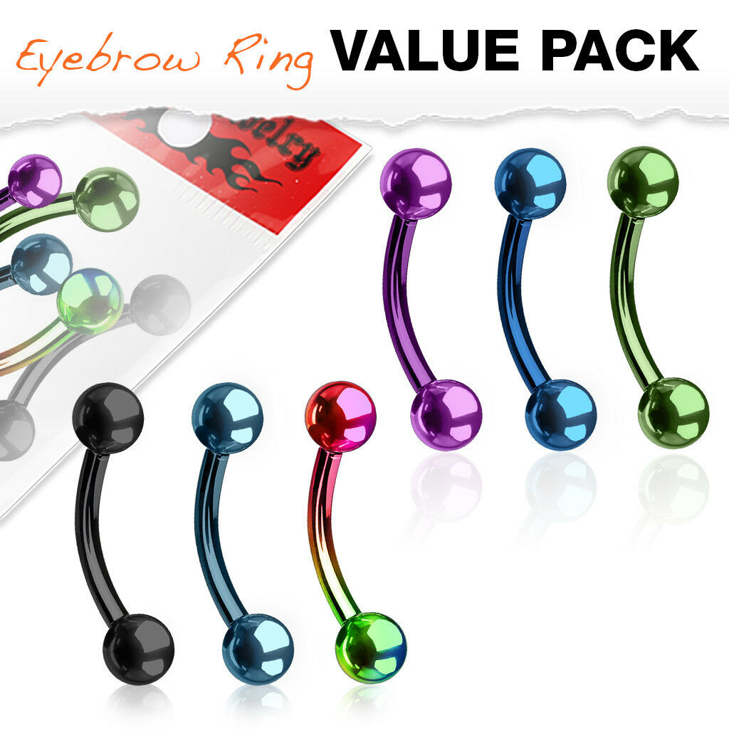 6pc Value Pack PVD over Surgical Steel Eyebrow Rings Curved Barbells