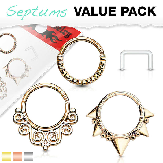 3pc Value Pack: 16g Bendable Design Septum / Cartilage Rings w/free Retainer!