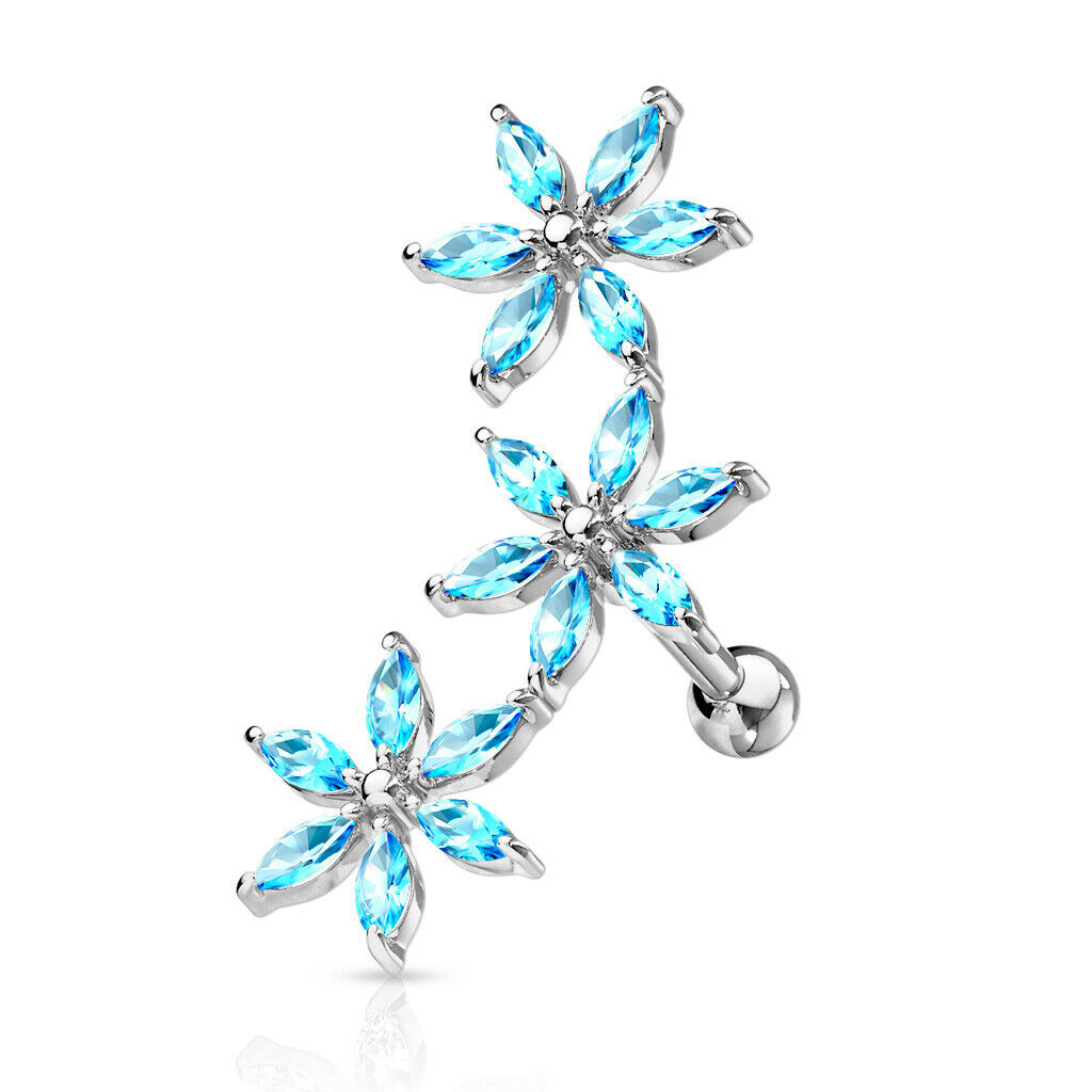 1pc Marquise CZ Gem Flowers Curve Helix Barbell Tragus Cartilage Ring 16g 1/4"