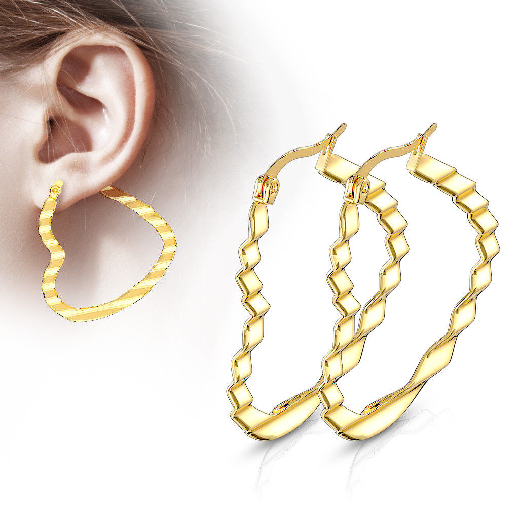 PAIR of Wave Pattern Heart Hoop Earrings 22g Gold Ion Plated Stainless Steel