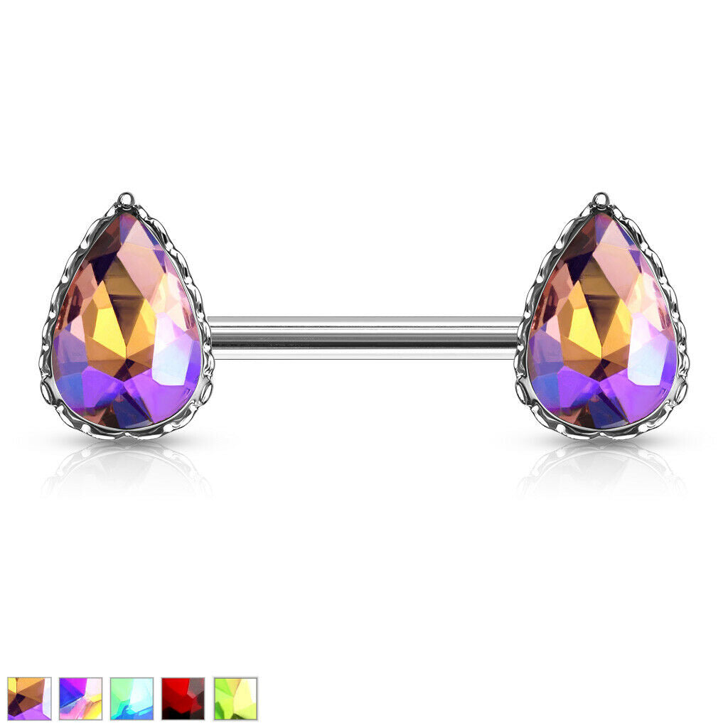 PAIR Aurora Borealis Effect Crystal Gem Tear Drop Nipple Rings Shield Barbells