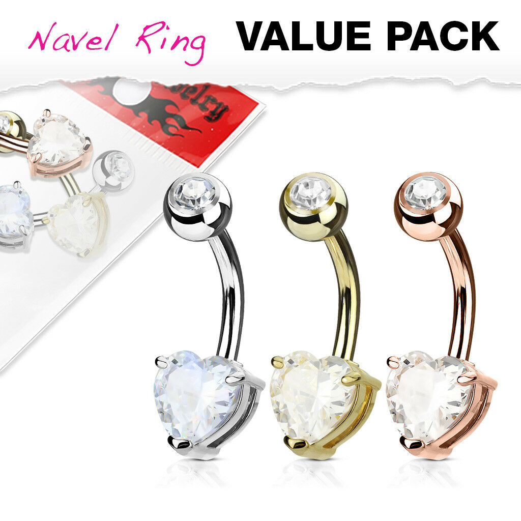 3pc Value Pack Heart Prong Set CZ Gem Gold Plated Steel Belly Rings Navel Naval
