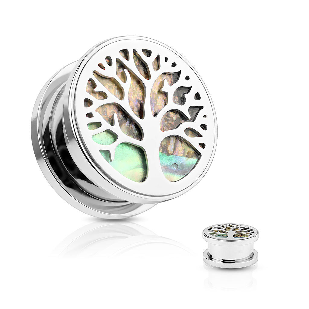PAIR Abalone Inlaid Tree of Life Screw Fit Tunnels Plugs