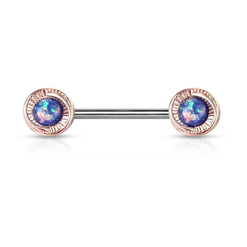 PAIR Opal Glitter Flower Ends Nipple Rings Rose Gold Shields Barbells