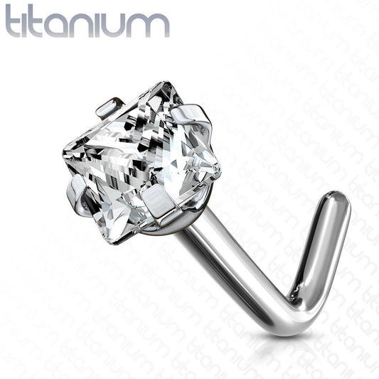 1pc Solid Grade 23 Titanium L-Bend Nose Ring w/ Square CZ Gem