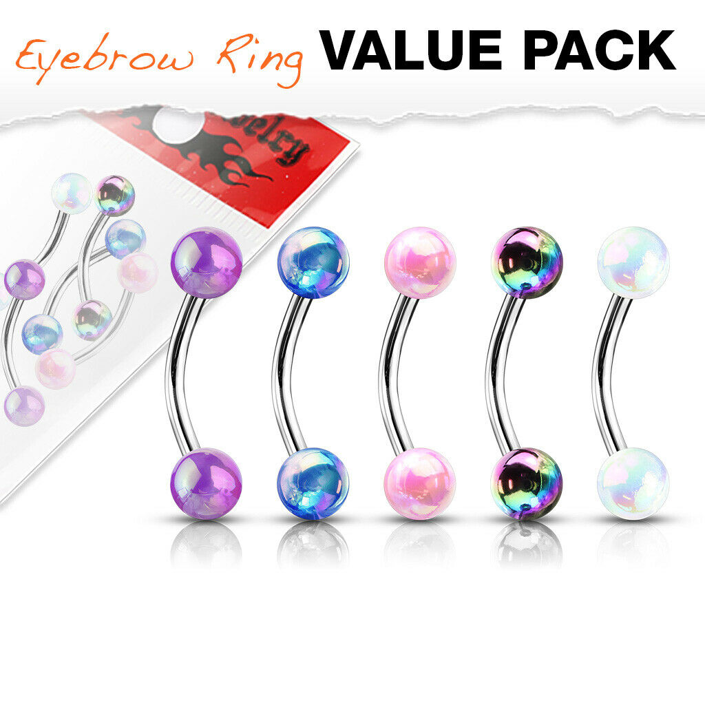 5pc Value Pack Metallic Iridescent Ball Eyebrow Rings 16g 8mm 5/16" Body Jewelry