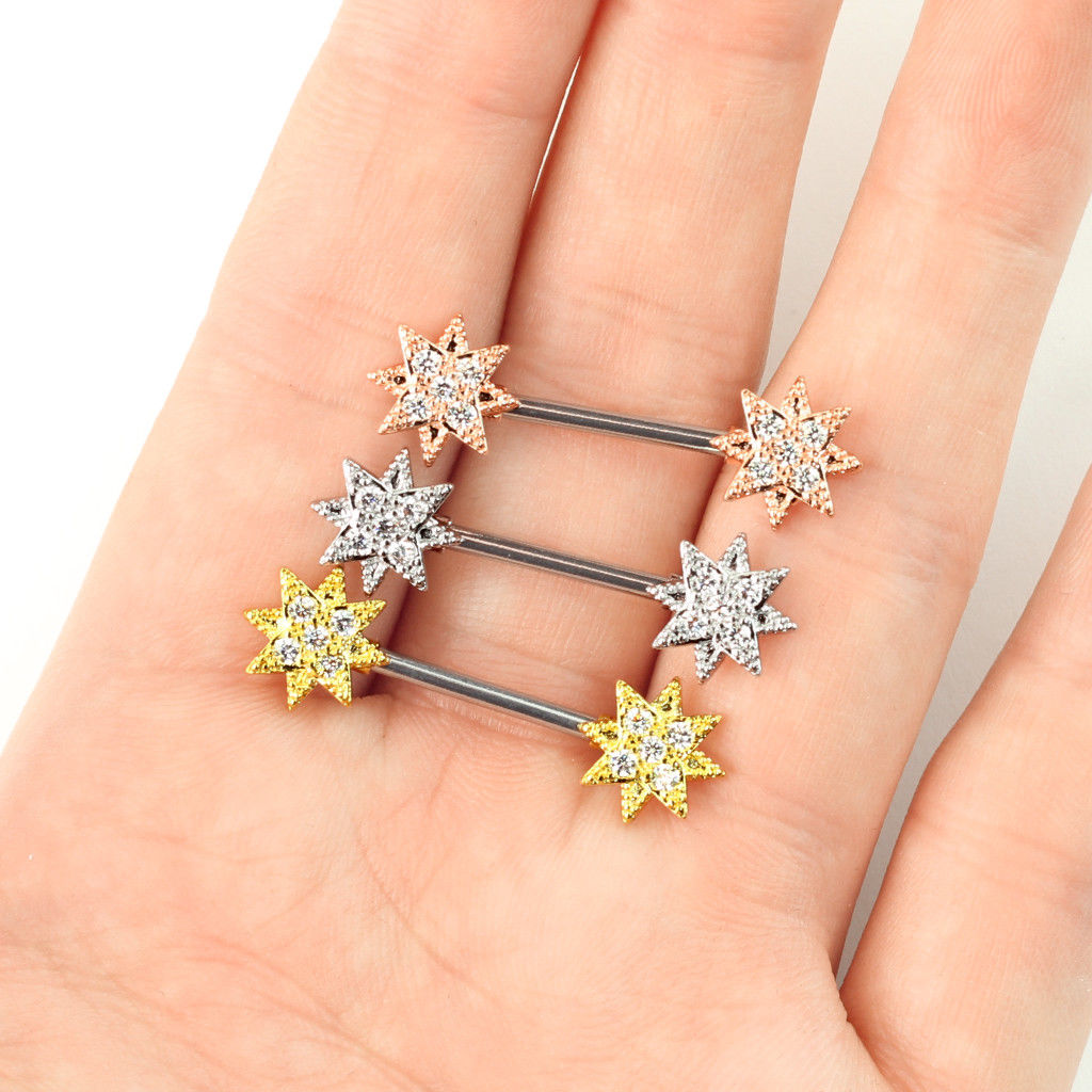 PAIR CZ Paved Starburst Star Nipple Rings Shields