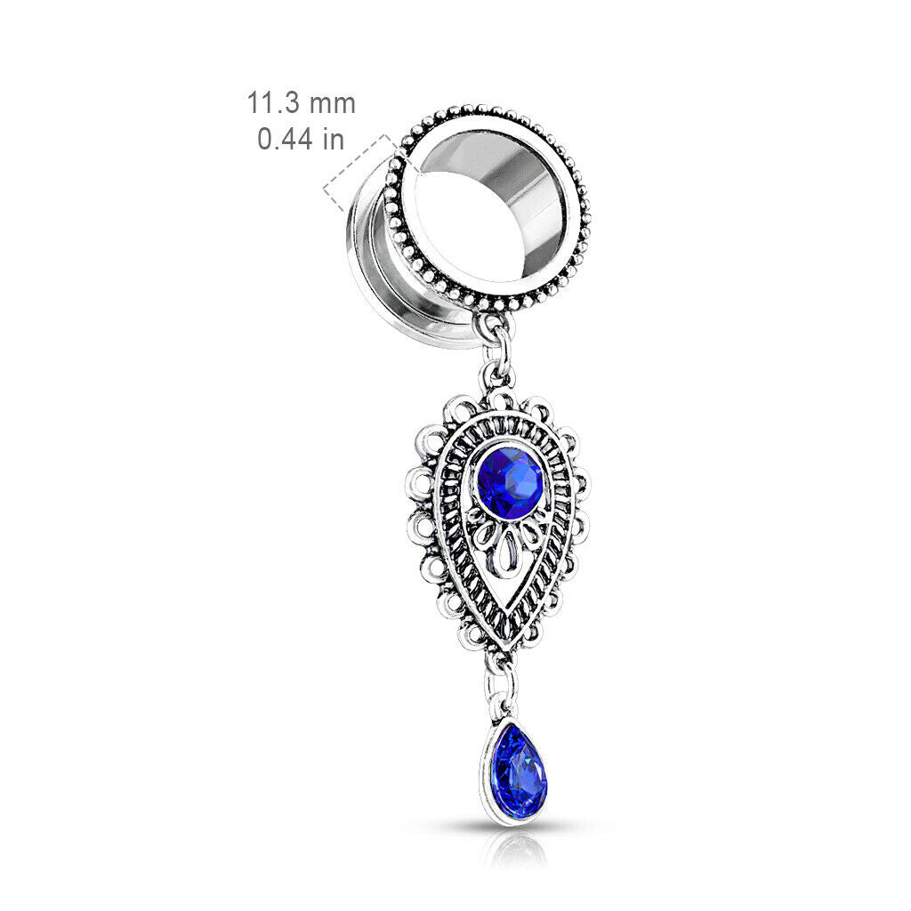 PAIR Sapphire Blue Stone Teardrop Dangle Tunnels Screw Fit Plugs Earlets Gauges