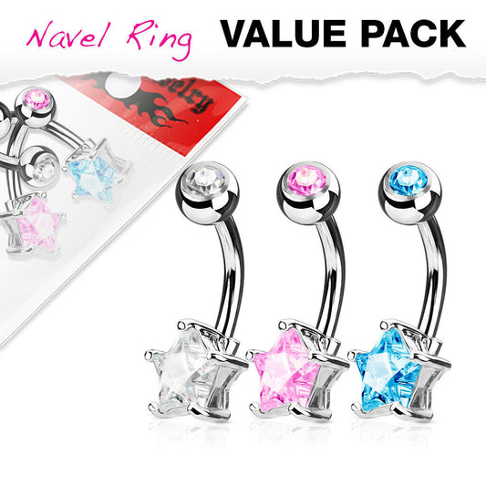 3pc Value Pack Star Prong Set CZ Gem Surgical Steel Belly Rings Navel Naval