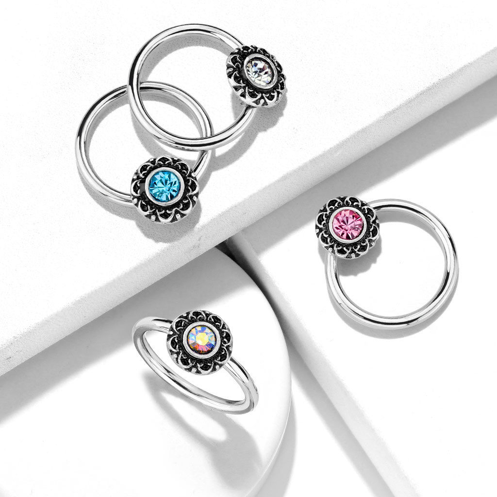 1pc Crystal Centered Filigree Surgical Steel Captive Bead Ring