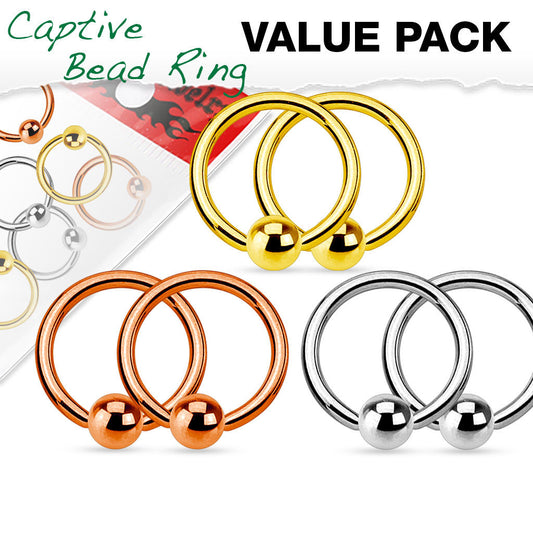 3 PAIR Value Pack Steel, Gold, Rose Gold Captive Bead Rings