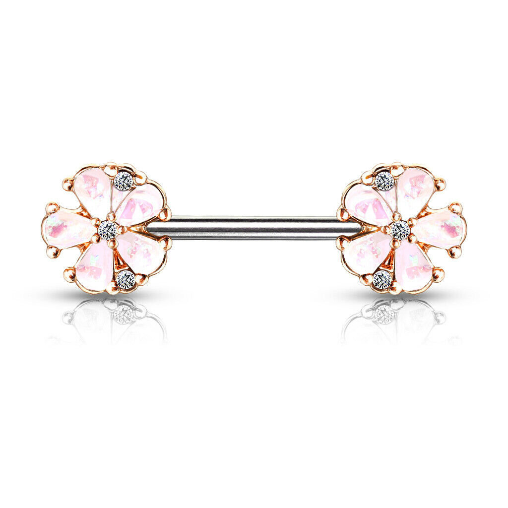 PAIR Opal Glitter Flower Petals Nipple Rings Rose Gold Shields Barbells