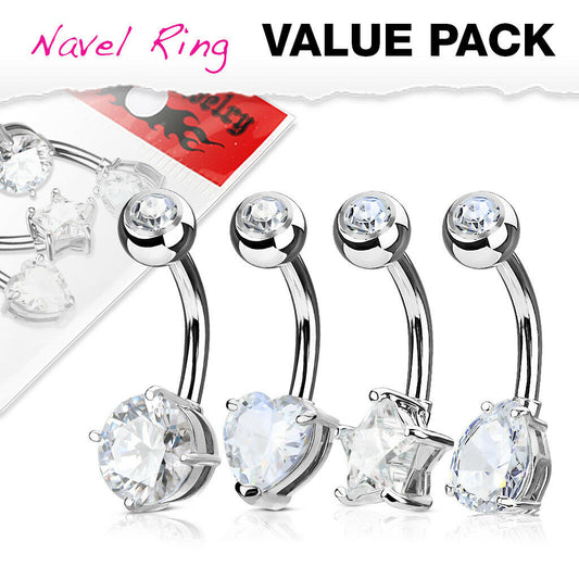 4pc Value Pack Heart, Round, Star, Tear Drop CZ Gem Belly Rings Navel Naval