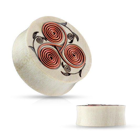 PAIR Copper Wire Tribal Floral Design Wood Saddle Plugs