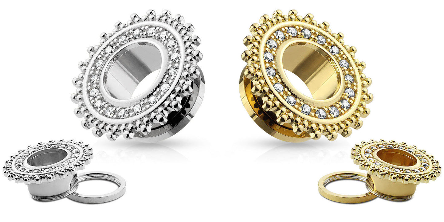 PAIR Gold or Steel Tribal Shield Gem Paved Screw Fit Tunnels
