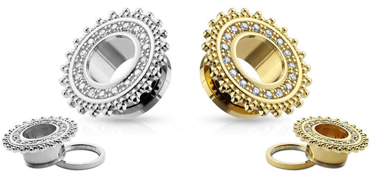 PAIR Gold or Steel Tribal Shield Gem Paved Screw Fit Tunnels