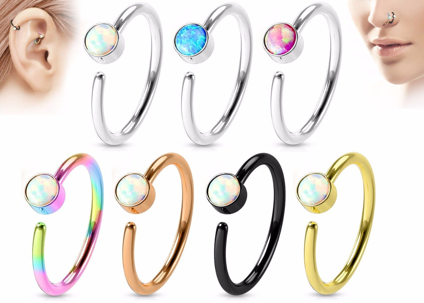 1pc Bendable Hoop Nose / Cartilage Ring w/ Set Opal Annealed 316L Surgical Steel
