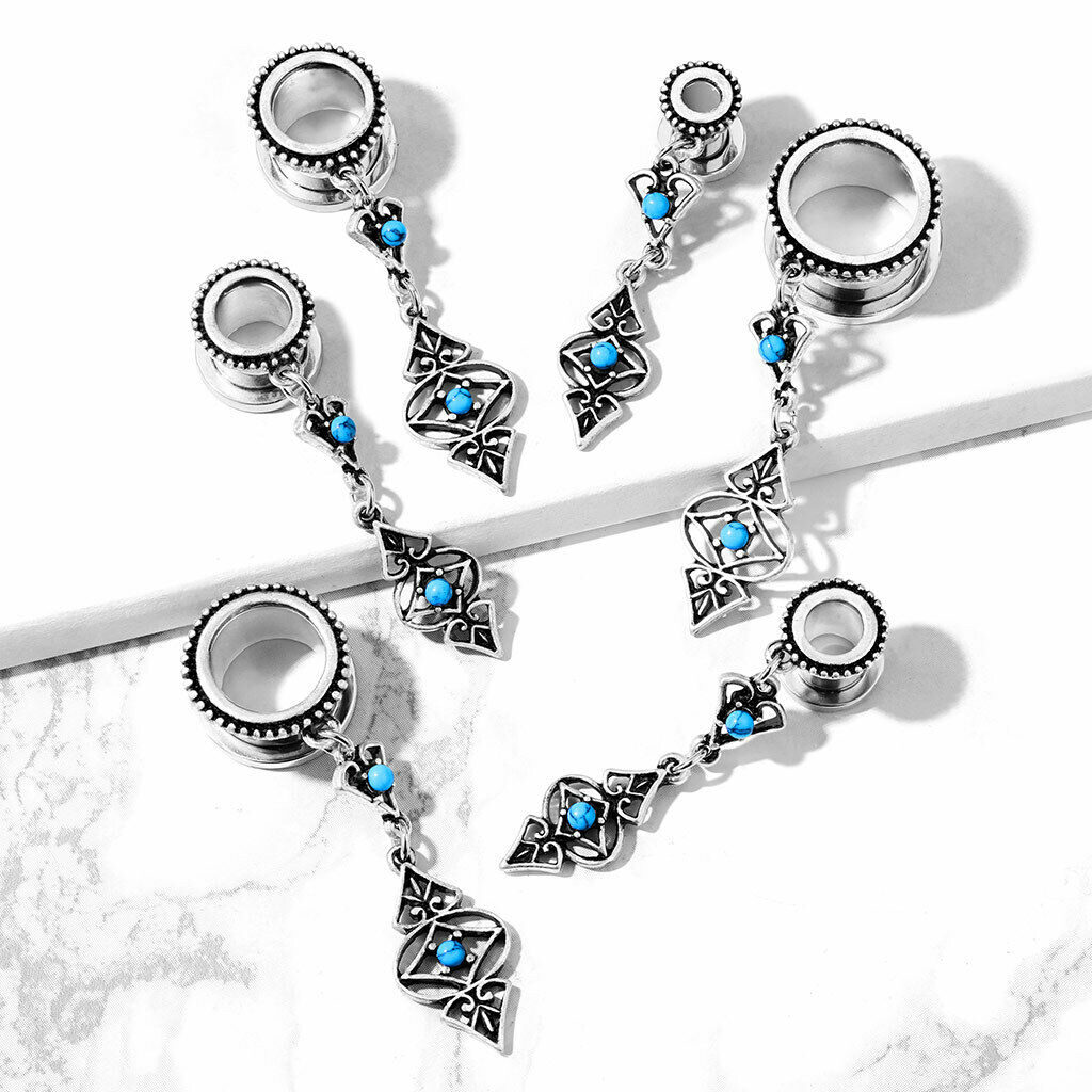 PAIR Turquoise Tribal Charms Dangle Tunnels Screw Fit Plugs Earlets Gauges
