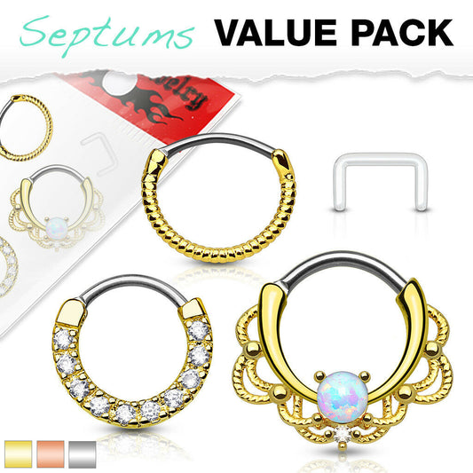 3pc Value Pack: 14g Opal / CZ Gem / Rope Septum Clicker Rings, w/free Retainer!