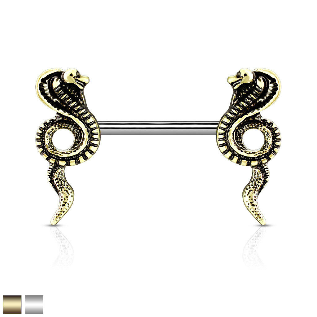 PAIR Antique Gold or Silver Cobra Snake Nipple Rings Shields Steel Barbells