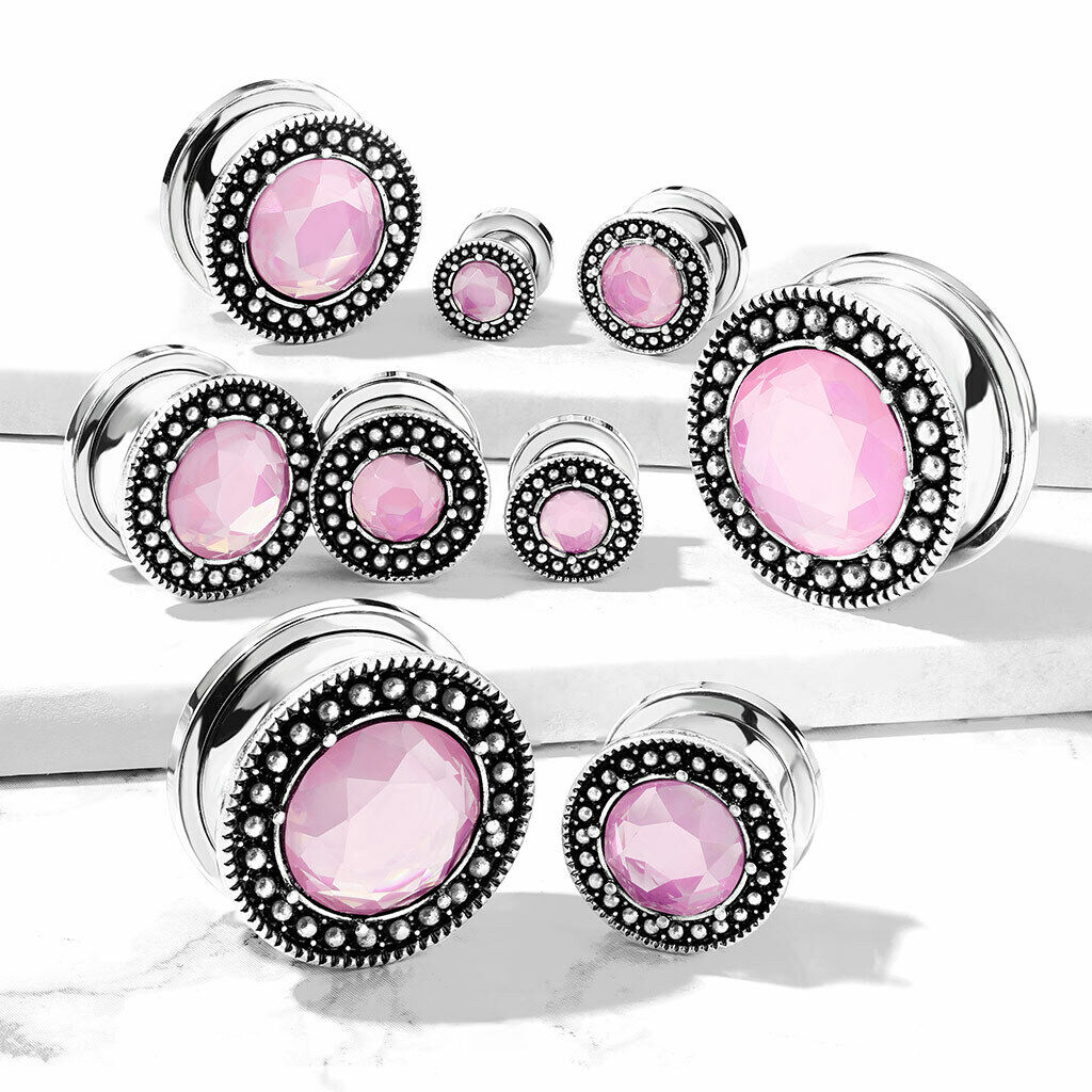 PAIR Pink Gem Plugs Burnished Antique Silver Top Steel Tunnels Gauges