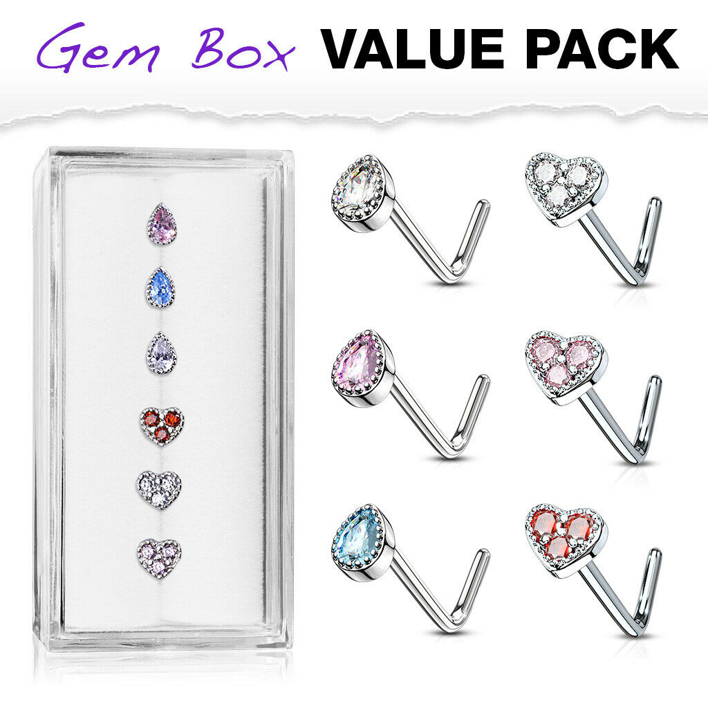 6pcs Tear Drop & Heart CZ Gem L-Bend Nose Rings 20g Steel Box Value Pack