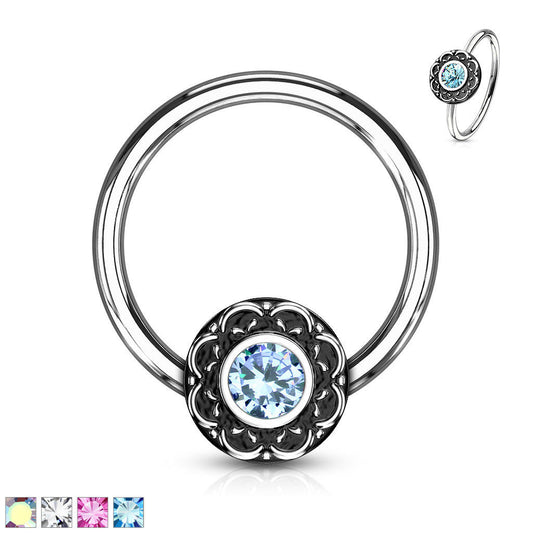 1pc Crystal Centered Filigree Surgical Steel Captive Bead Ring