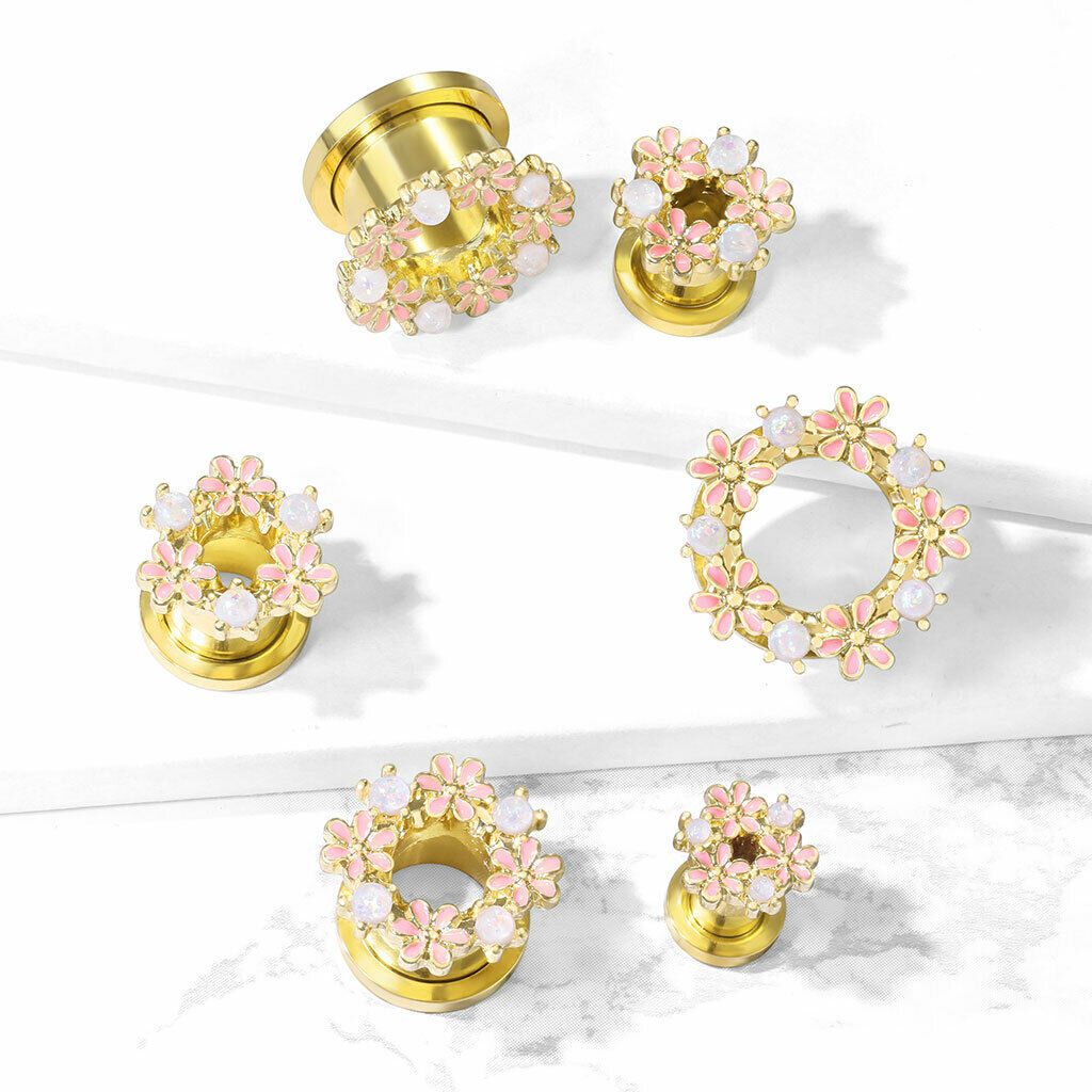 PAIR Opal Glitter & Enamel Flowers Gold Screw Fit Tunnels Plugs Earlets Gauges