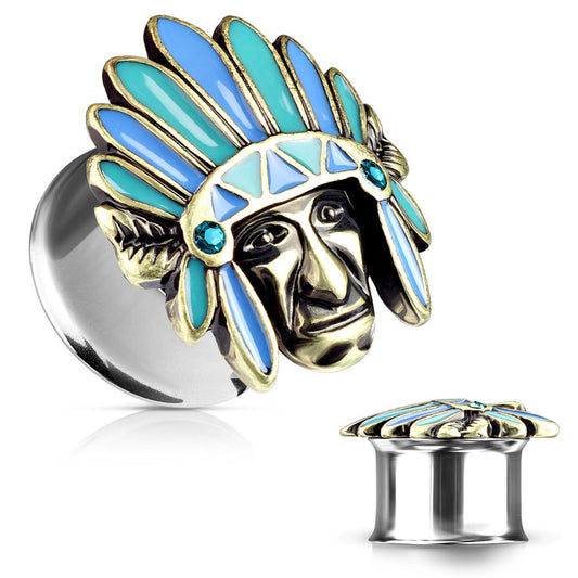 PAIR Turquoise Enamel Headdress Tribal Chief Tunnel Plugs