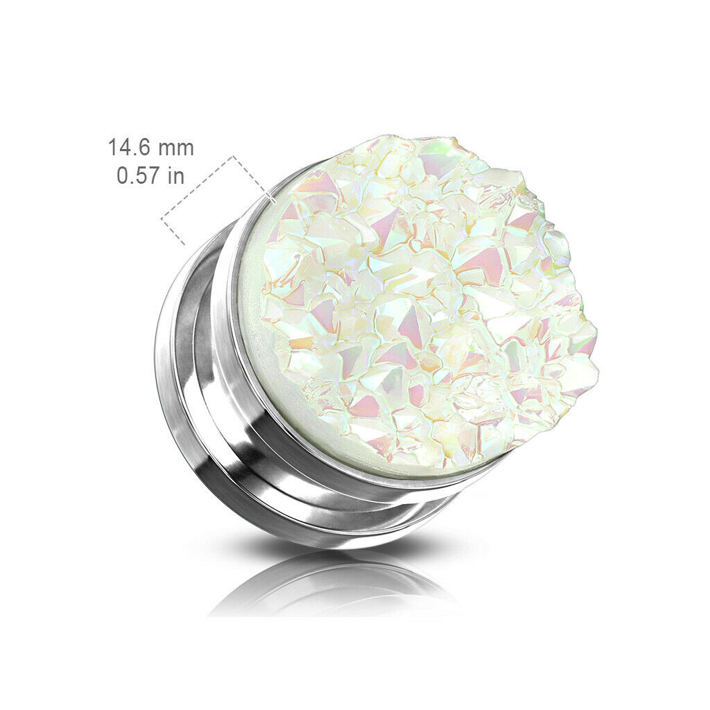 PAIR Synthetic White Druzy Stone Screw Fit Tunnels Plugs Gauges Body Jewelry