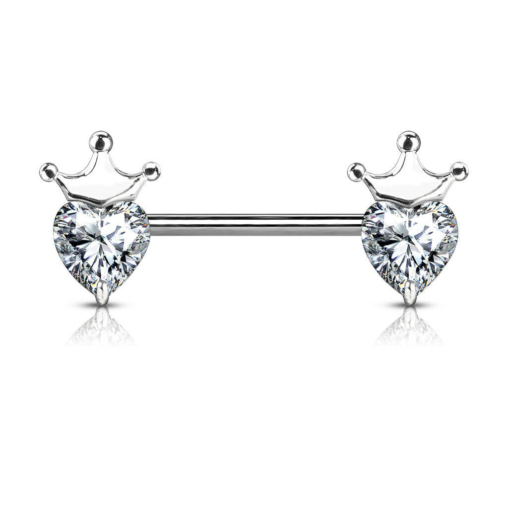 PAIR Heart Crystal Gems w/ Crown Nipple Rings Shields Steel Barbells