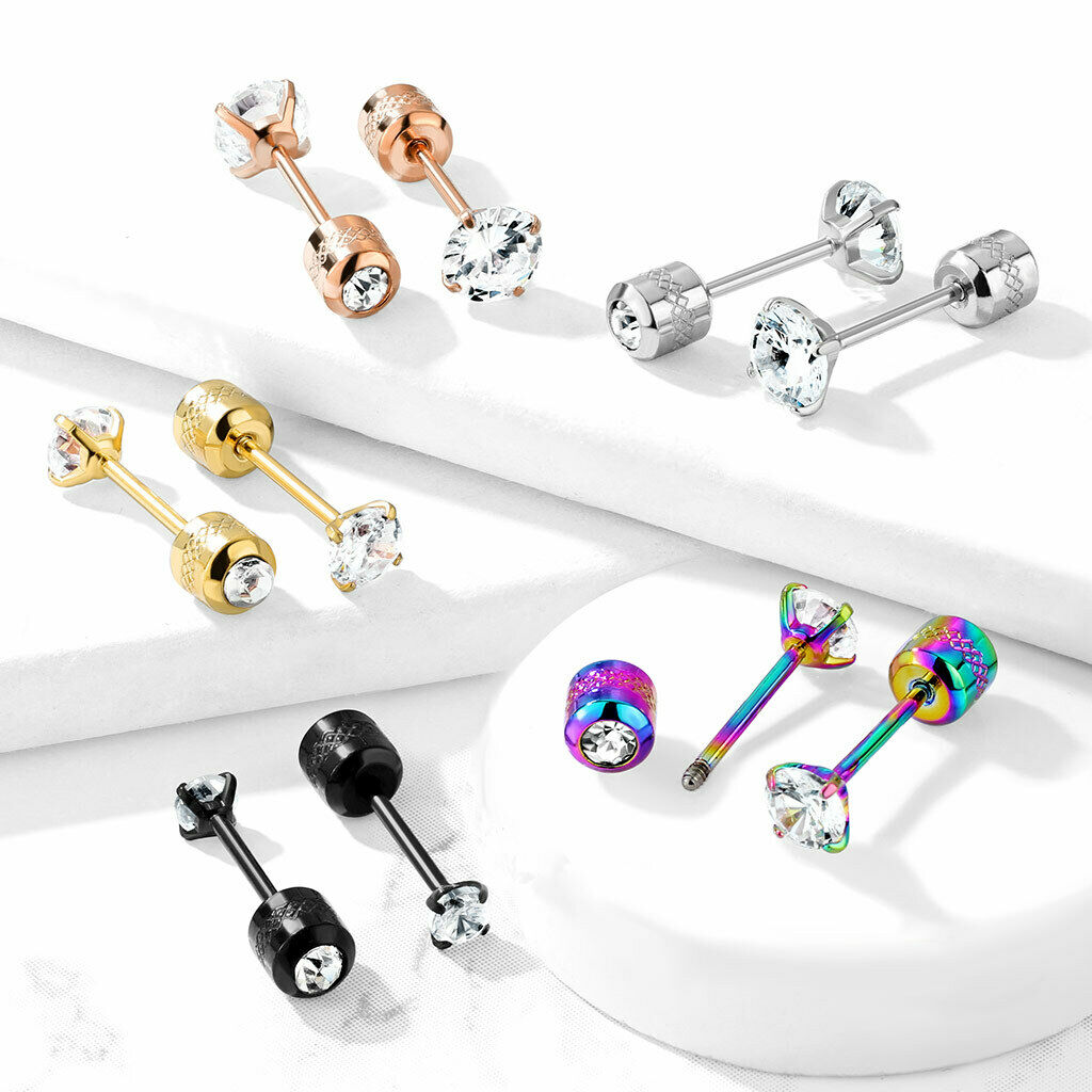 PAIR Prong Set CZ Gem Stud Rainbow Earrings w/ Gem Centered Screw Back Steel
