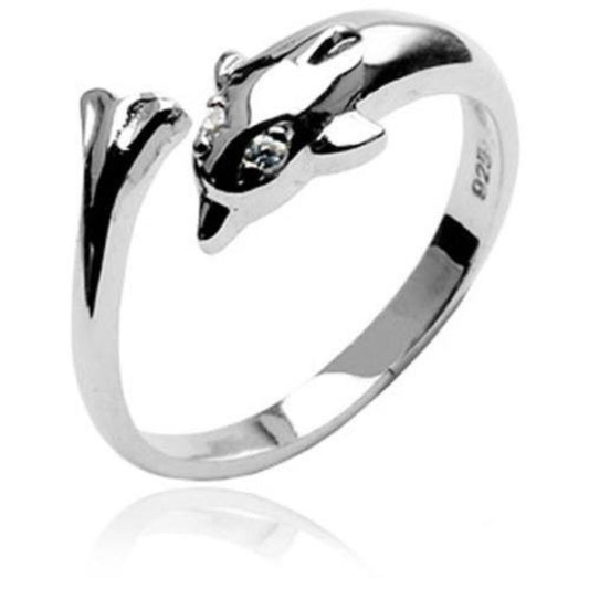 .925 Sterling Silver Dolphin W/ Clear CZ Gem Eyes Toe Ring