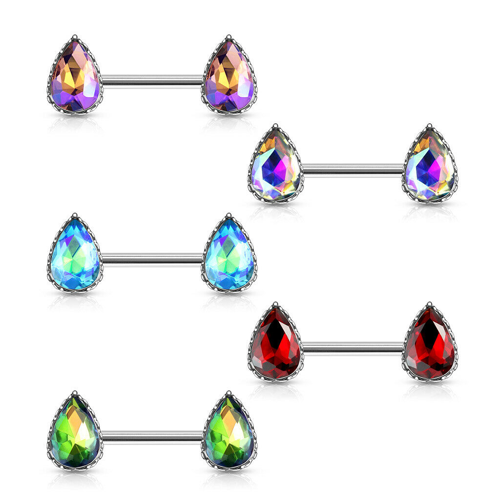 PAIR Aurora Borealis Effect Crystal Gem Tear Drop Nipple Rings Shield Barbells