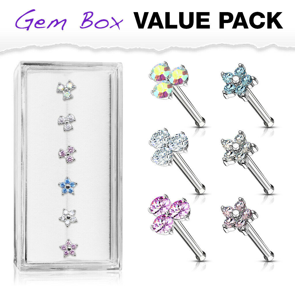 6pcs Triangle & Flower CZ Gem Nose Stud Bone Rings 20g Steel Box Value Pack