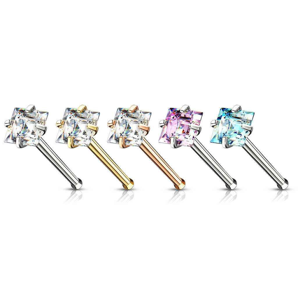 5pcs Prong Set Square Gem Nose Ring Studs Bones 316L Surgical Steel Body Jewelry