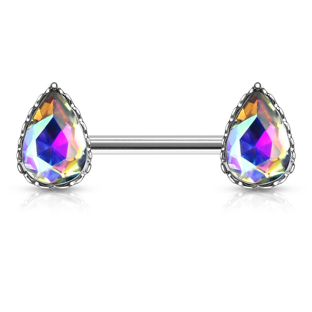 PAIR Aurora Borealis Effect Crystal Gem Tear Drop Nipple Rings Shield Barbells