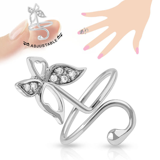 Butterfly Multi-Paved CZ Gems Adjustable Nail Ring / Toe Ring
