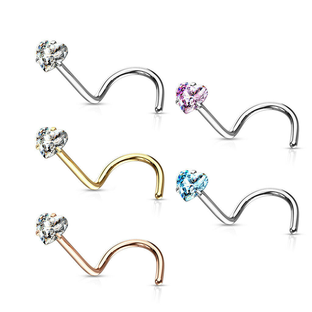 5pcs Prong Set Heart Gem Nose Ring Screws 316L Surgical Steel Body Jewelry