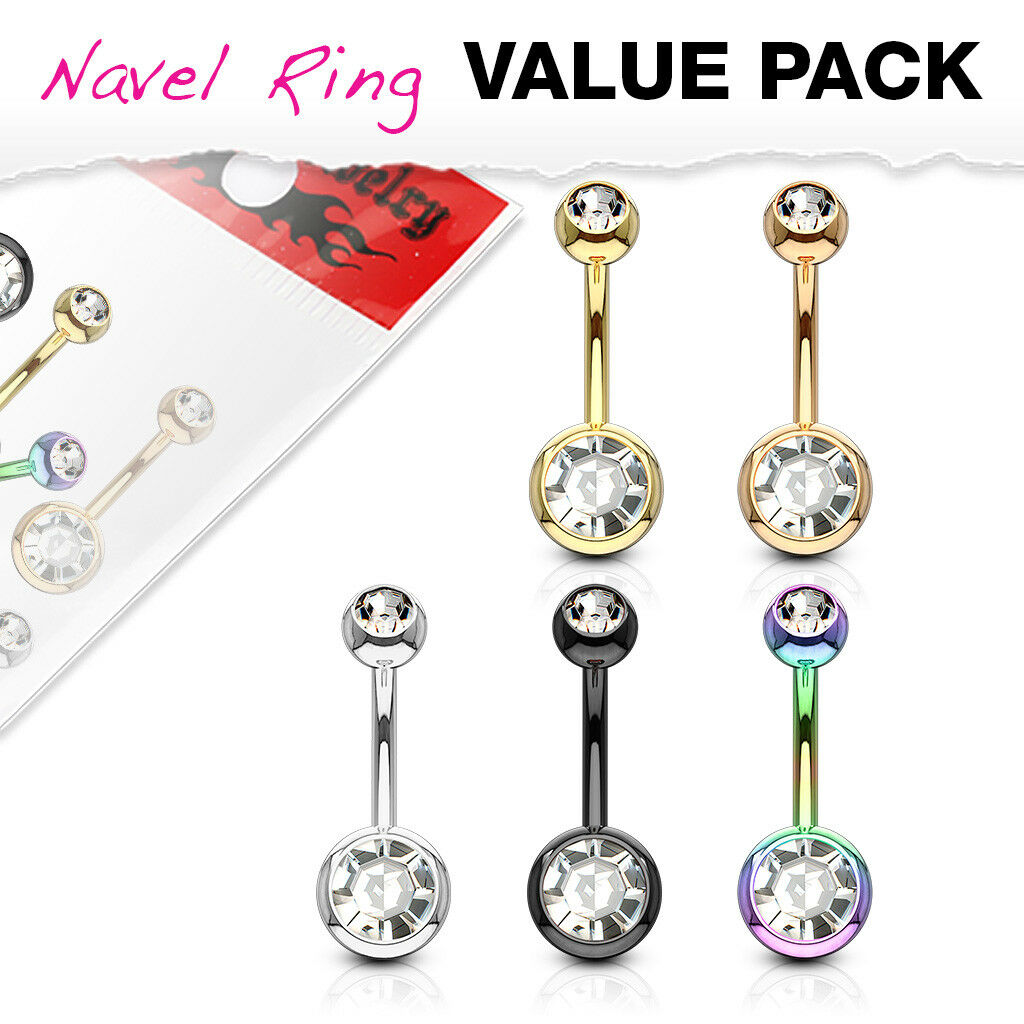 5pc Value Pack Ion Plated Double Gem Belly Rings 14g Navel Naval Body Jewelry