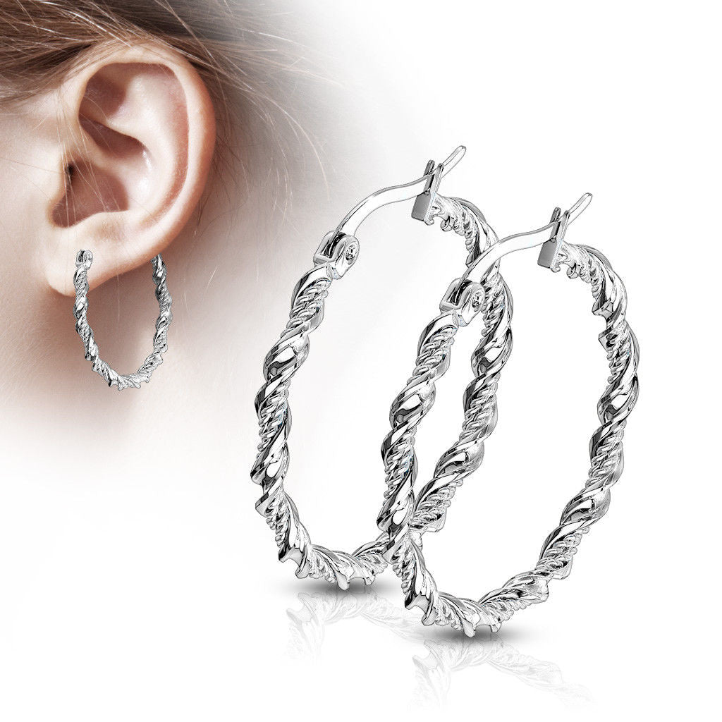 PAIR of Braided Twist Style Hoop Earrings 22g Stainless Steel