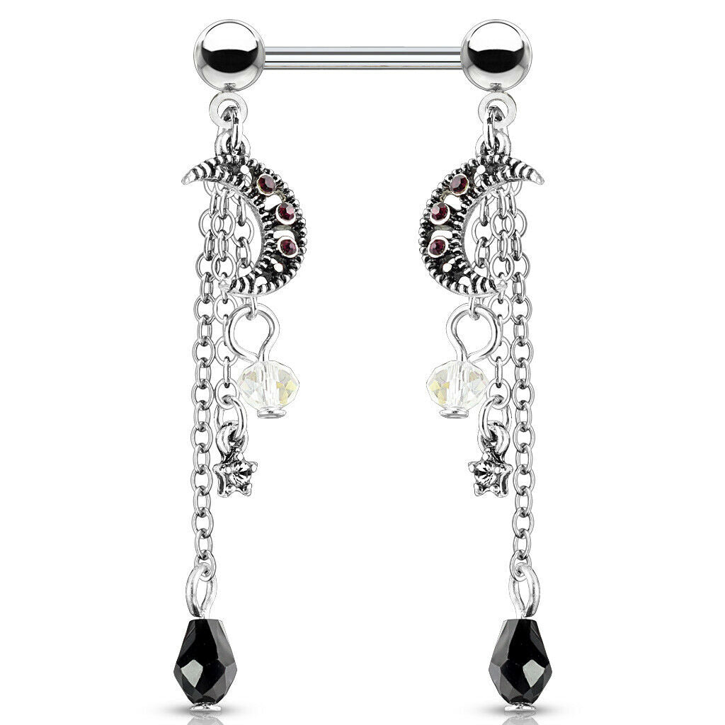 PAIR Moon & Beads Dangle Nipple Rings Steel Barbells Shields Body Jewelry
