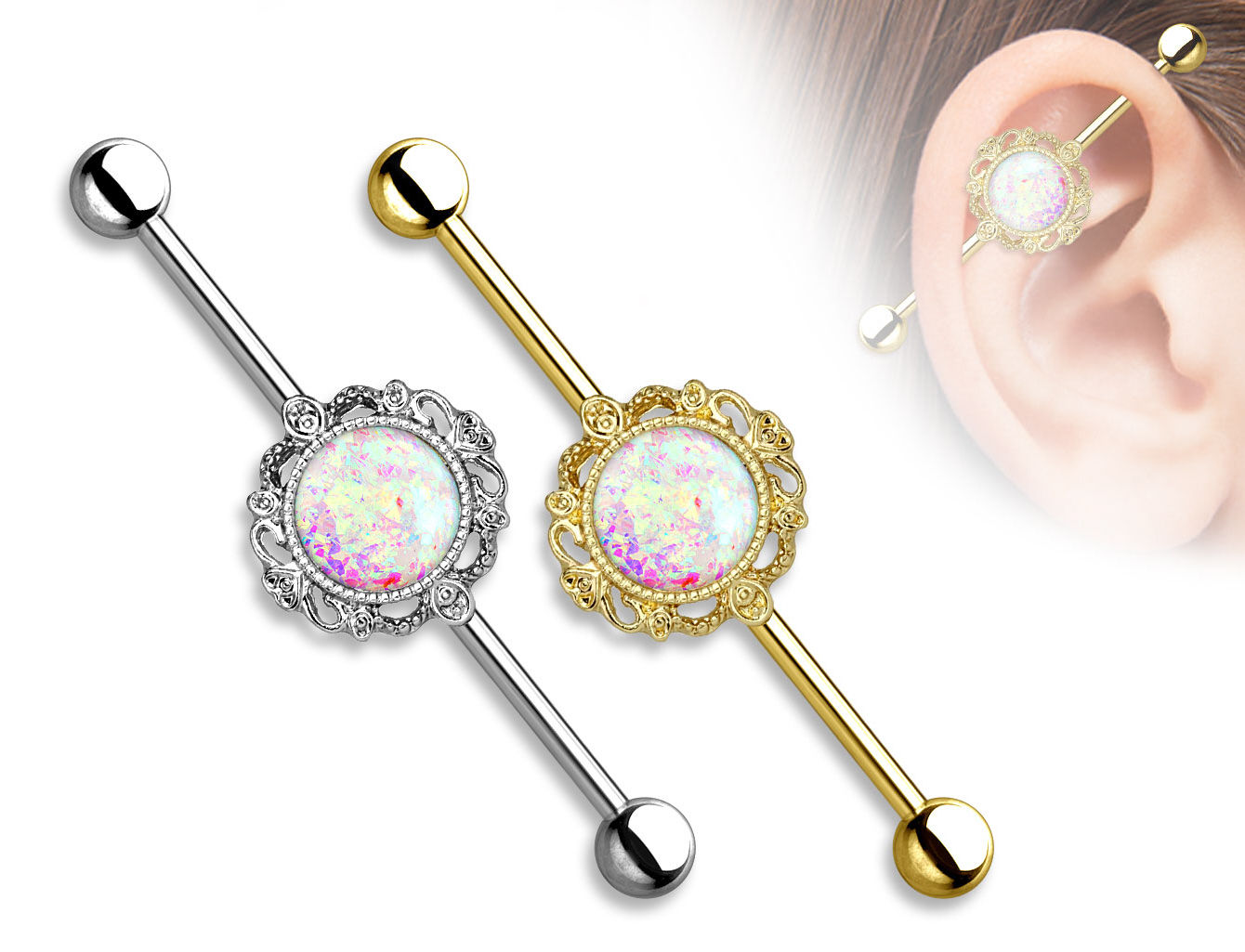 1pc Opal Glitter Lacey Filigree Edge Industrial Barbell